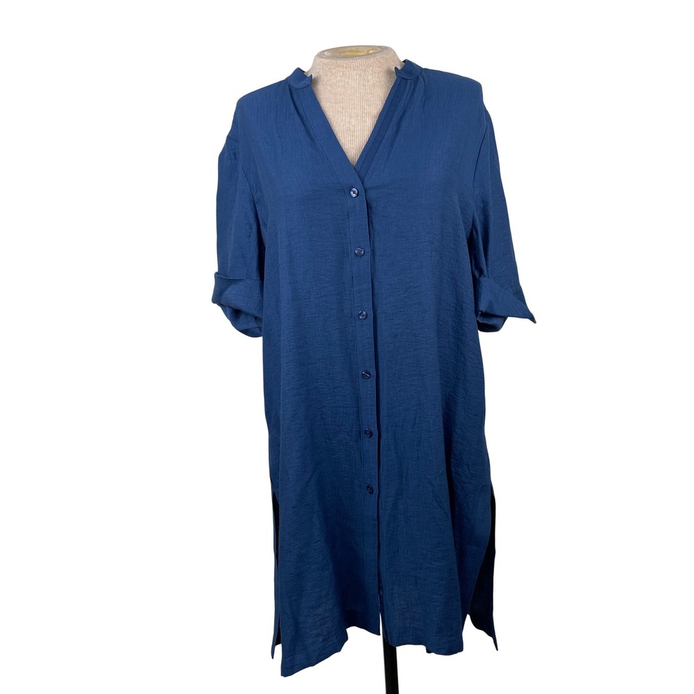 Chicos Blue Textured Button Front Tunic Shirt Side Slits Linen Blend Size 2 L